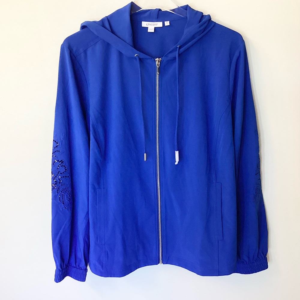 NWOT Chico’s Zenergy Neema Embroidered Cut Work Hooded Jacket - Blue - 14